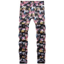 Men's Floral Printed Straight Leg Denim Jeans Stretch Casual Pants Trousers Punk