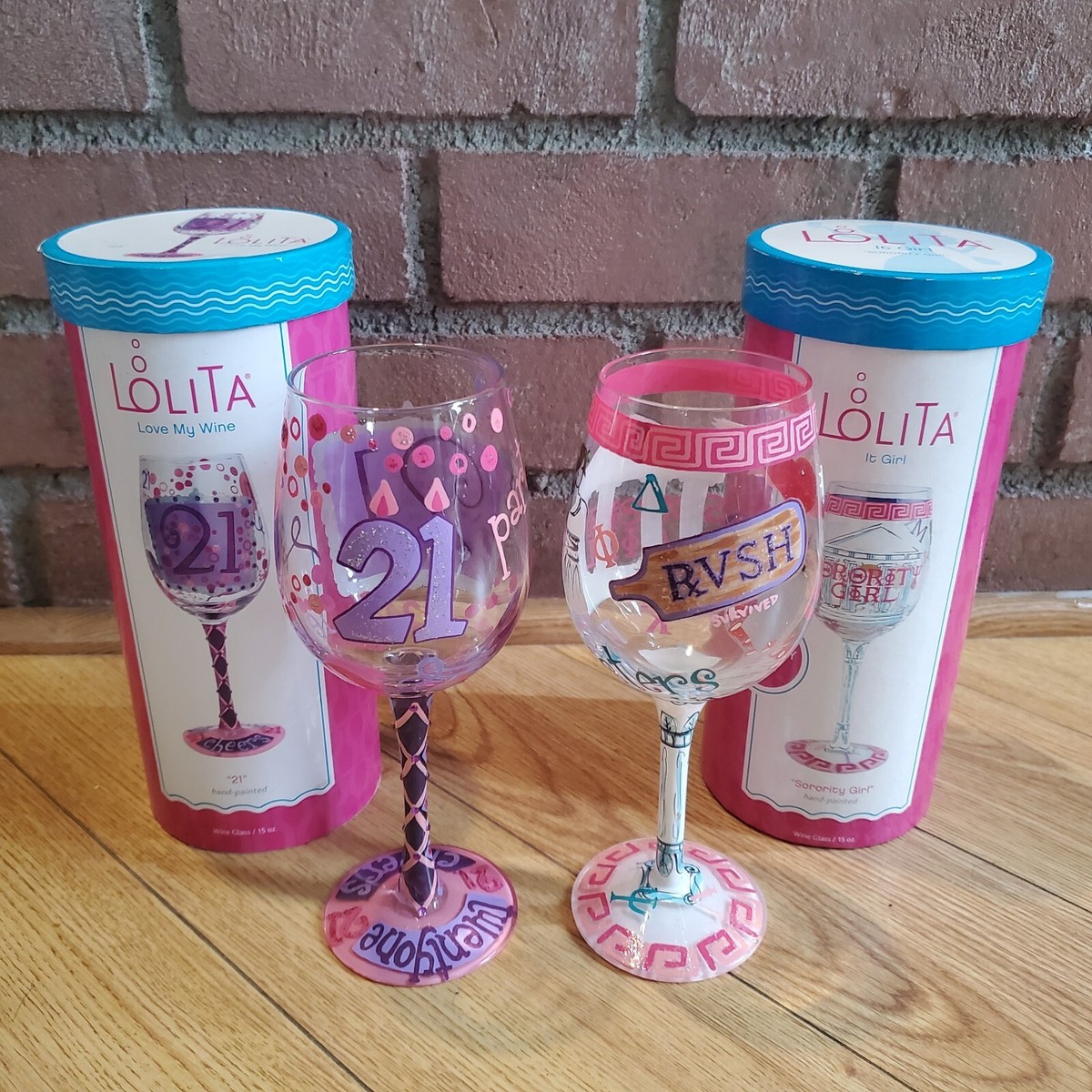 Lolita Hand Painted Wine Glass Lot 15oz - Love My Wine "21" + It Girl  "Sorority"