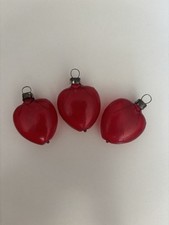 Set of 3 Vintage Red Glass Heart Christmas Ornaments
