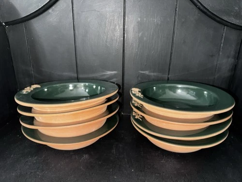 Frankoma Green Terra Cotta Rose 7 3/4”Rimmed Bowls(8)