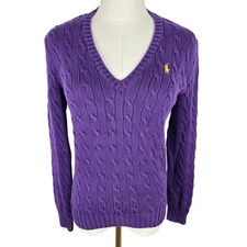 Ralph Lauren Sport Purple Cable Knit VNeck Sweater Small Cotton Preppy Heritage