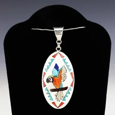 NATIVE AMERICAN ZUNI STERLING SILVER & INLAY PARROT PENDANT BY QUINTIN QUAM