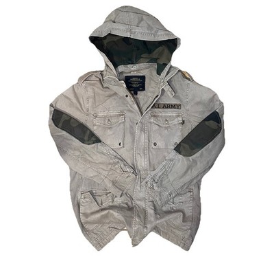 Alpha Industries 3A382 Trench Utility Jacket Beige Khaki Parka Camo Patches Sz L