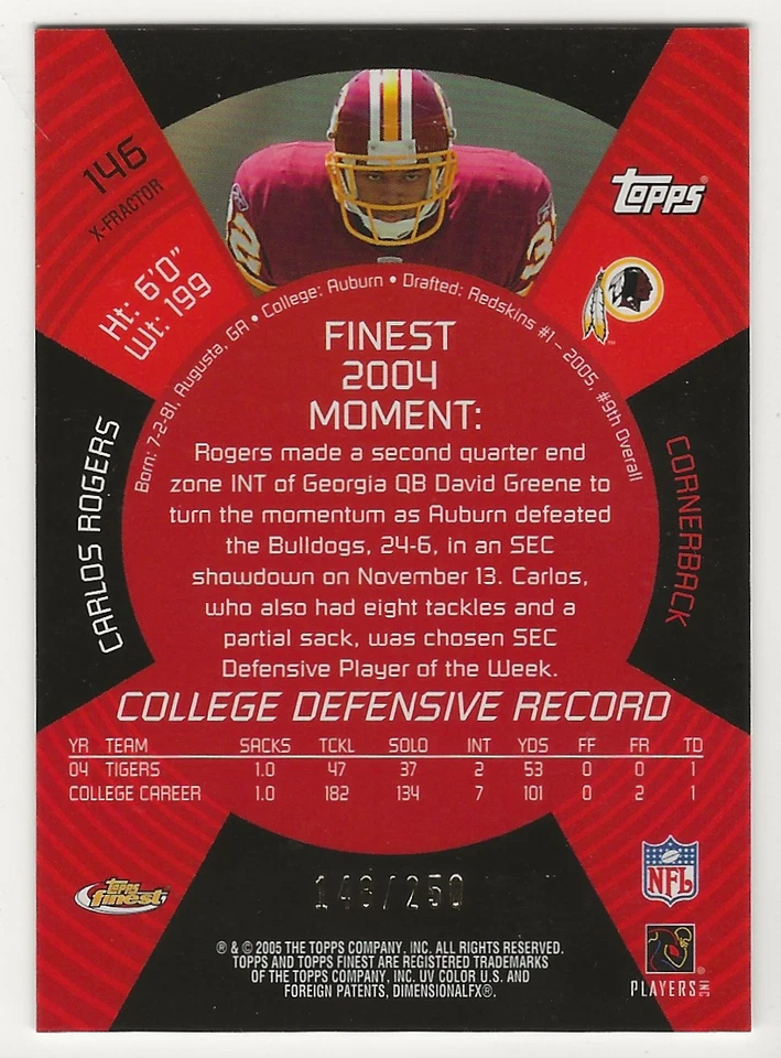 2005 Topps Finest X-fractor #146 Carlos Rogers 148/250 - Image 2 of 2