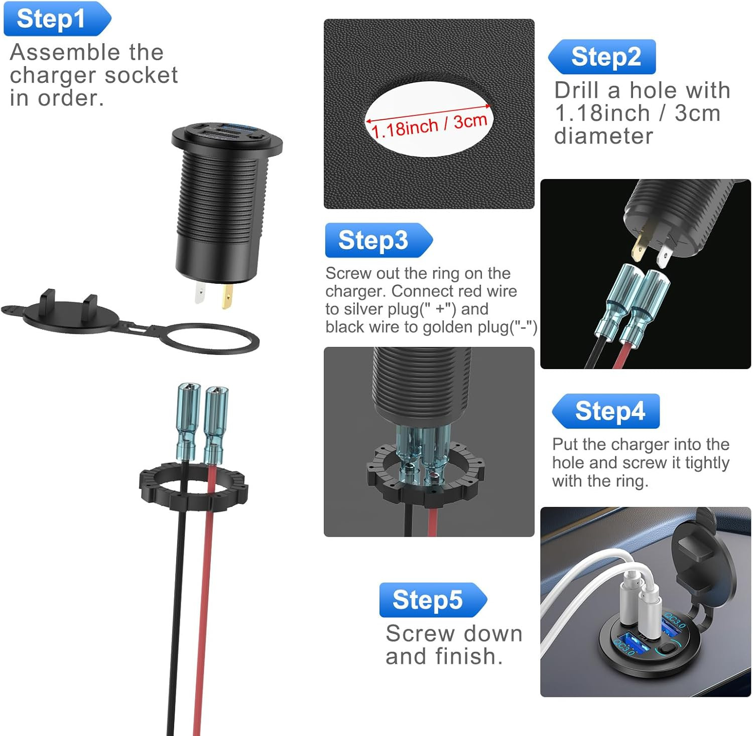 78W 4 Port 12V USB Outlet Car Charger, Super Fast Dual PD3.0 & QC3.0 Multiple US