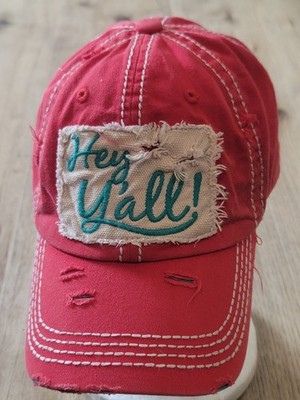 Hey Y'All Distressed Embroidered  Red Adjustable Baseball Cap Hat by Kbethos