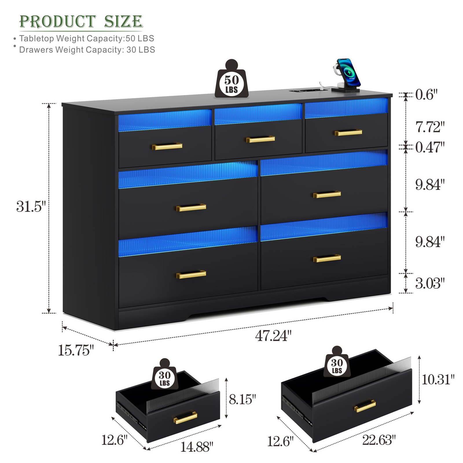 Modern 7-Drawer LED Dresser with USB Charging Station for Bedroom