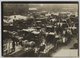 1900s NYC Waterfront Terminal Snow Covered Horses & Carts (1910s Print) Photo