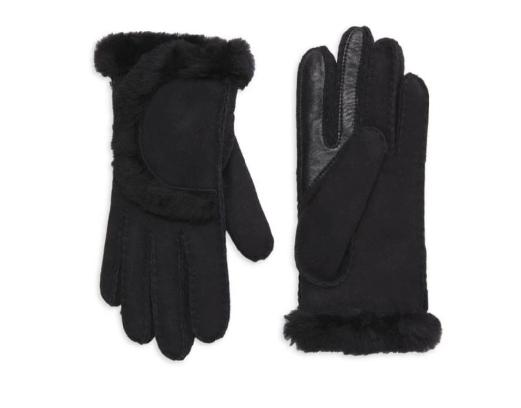 UGG Sheepskin Exposed Seam Gloves Black Size Small NWT
