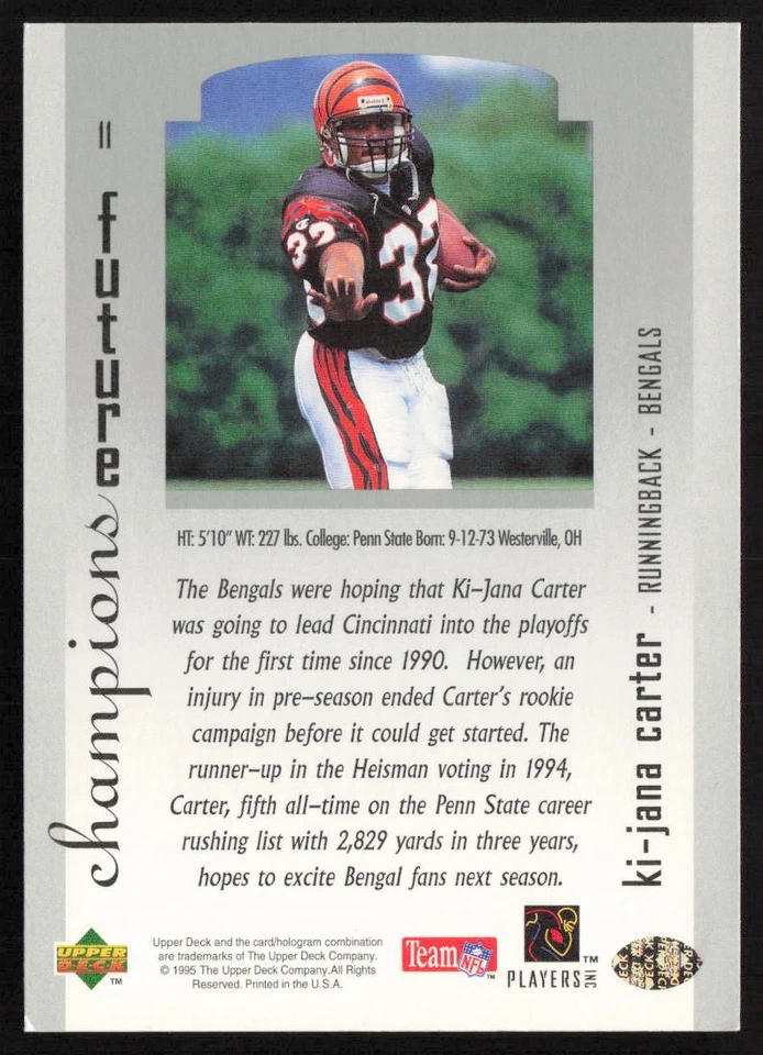 1995 SP Championship Ki-Jana Carter #11 Rookie Cincinnati Bengals - Image 2 of 2