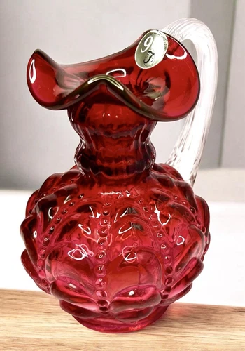 FENTON Cranberry Beaded Draped Melon Pitcher 95th Anniversary 5”