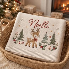 Personalized Christmas Knit Baby Blanket Custom Reindeer Holiday Keepsake