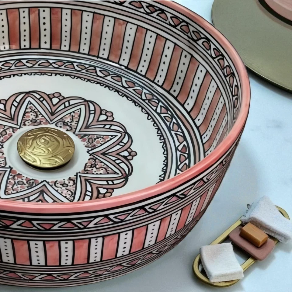 Fregadero de cerámica - Lavabo de cerámica pintado a mano con borde de latón, fregadero de baño artesanal Foto 4 de 4