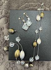 Clear Glass Bead Necklace  Dangle Earrings Jewelry Set Gold  Silver Tone
