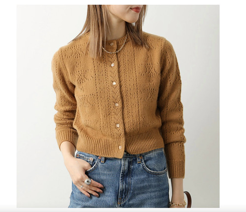 CELINE Toffee Brown Triomphe Pointelle Long Sleeve Cardigan Sweater Size XS