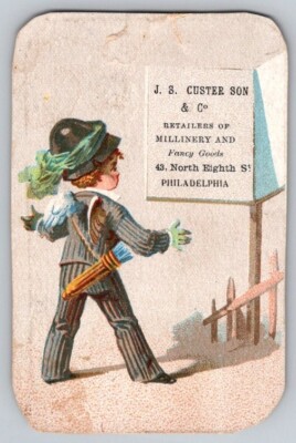 1800s JS Custer Young Pinstriped Dandy w/Arrow Quiver Victorian Trade Card 