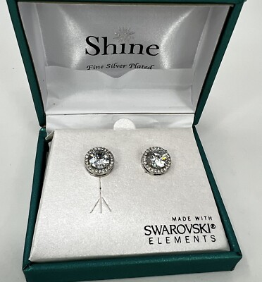 Swarovski Elements 1/2'' Earrings Clear Fashion Silver Studs Vintage Box