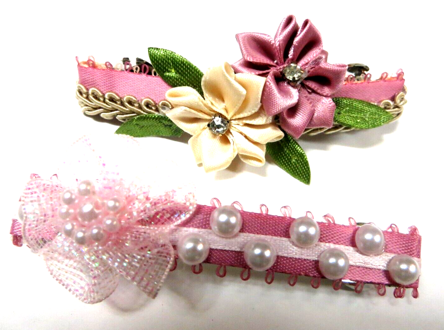Pink + Gray Hair barrettes_set of 2_with pearls_2 Hand made fancy hair