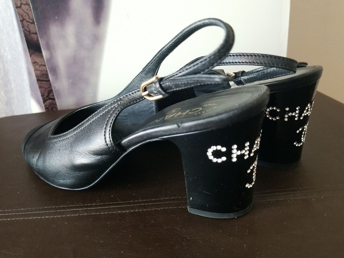 CHANEL Classic Slingback Pumps Crystal Logo Block Heel Cap CHANEL Classic Slingback Pumps Crystal Logo Block Heel Cap