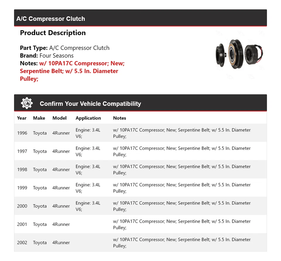 Embrague compresor aire acondicionado Toyota 4Runner 1996-2002 4 estaciones 1997 1998 1999 2000 Foto 2 de 4