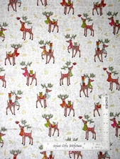 Christmas Reindeer Pine Holly Gray Cotton Fabric Makower Festive By The Yard