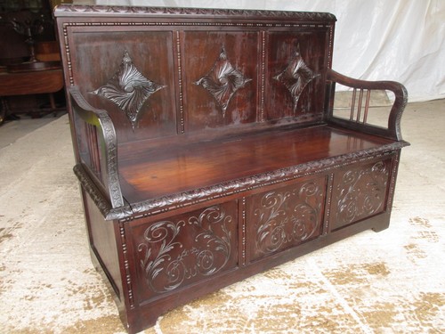 Carved Brazilian mahogany panelled box settle circa 1920 (ref 627) - Picture 2 of 12