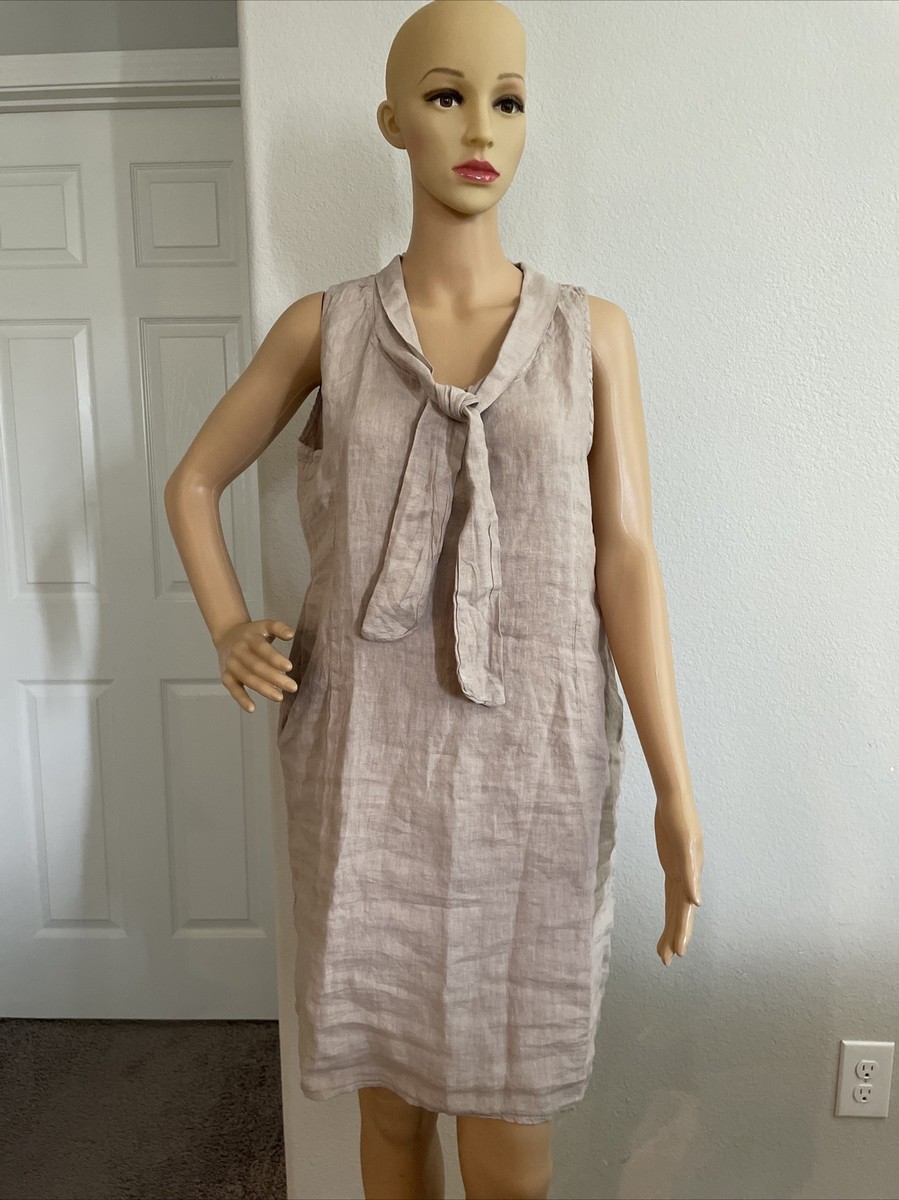 stella martini linen dress Stella Martini Dress Womens Medium 100% Linen Sleeveless Tie Neck Italy Pockets