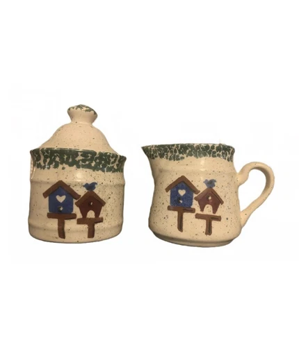 Vintage Gibson Ceramic Cream & Sugar Holders Bird House Country Design Rare Find