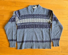Vintage Sears Womens Sweater Mockneck Medium Blue Fair Isle Mohair Nautical