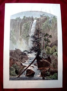 Victorian Art Puncheon Run Falls engraving J.D. Woodward 1873 HandColored
