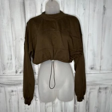 Joah Brown Brown Cropped Cinch Waist Long Sleeve Pullover Sweatshirt One Size