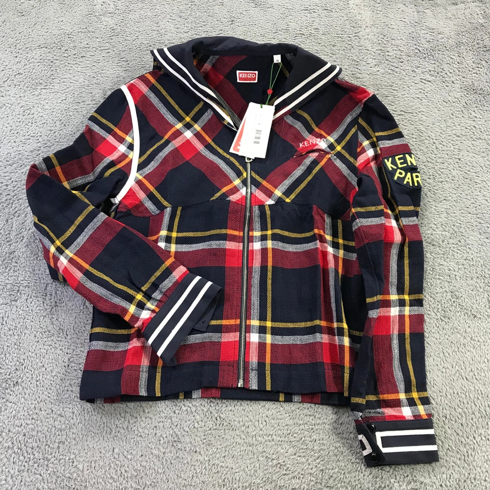 KENZO Jacket Mens Medium Check Sailor Overshirt Jacket Full Zip Plaid Red Linen - Image 2 of 4