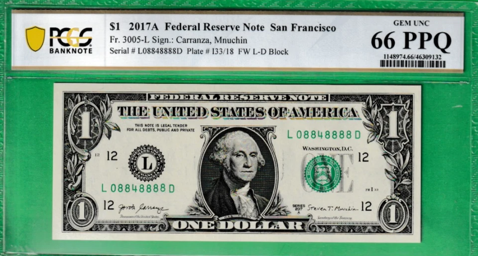 $1  Federal Reserve note LUCKY 8's  08848888  Serial Numbers PCGS 66 - Image 2 of 3