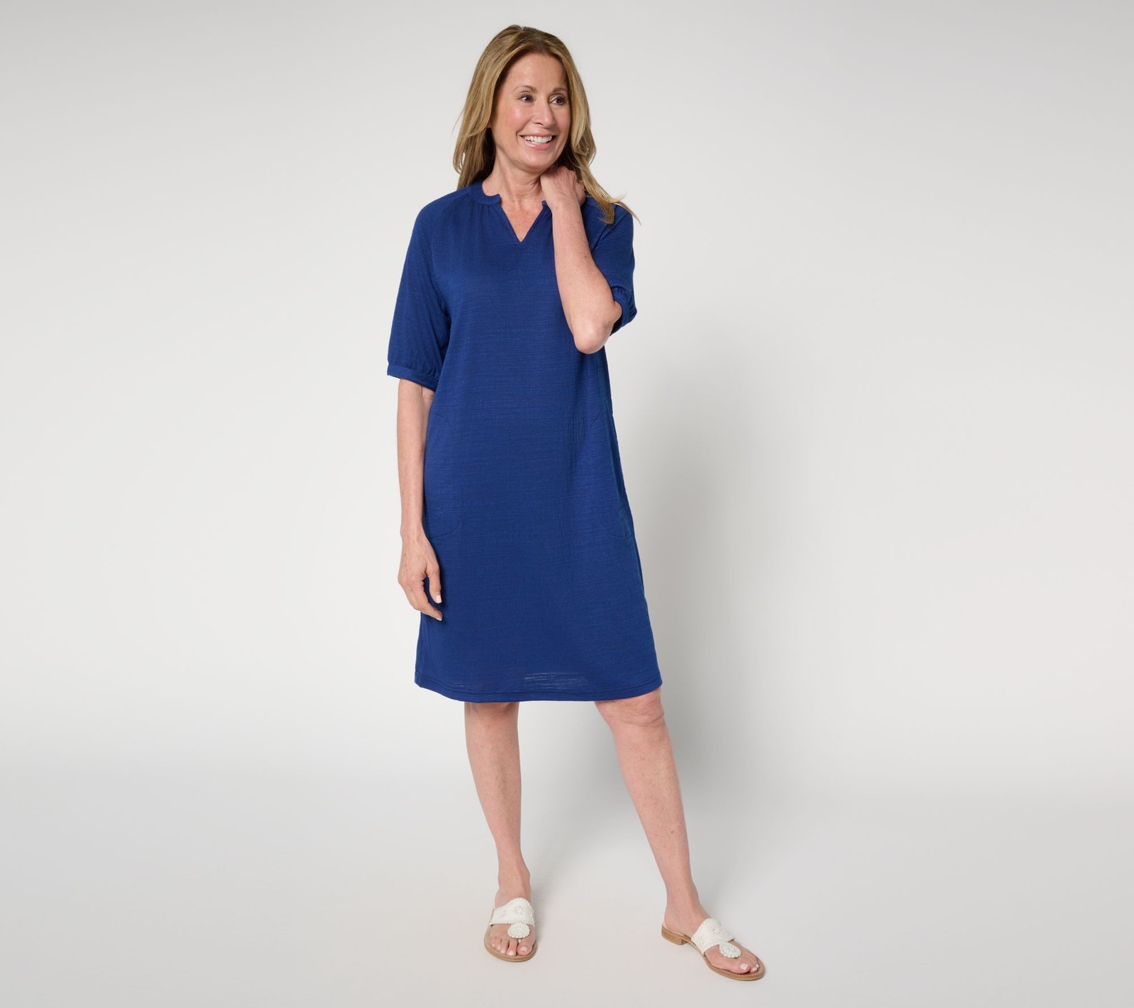 Stan Herman Women's Dress Sz XL Crepe Knit Elbow Sleeve Halftan Blue A679658