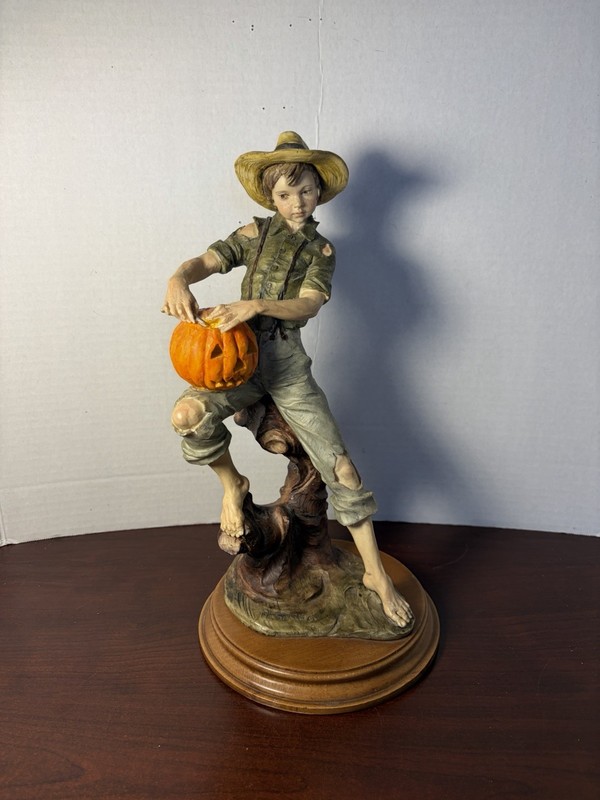 Figurine - Boy Carving Pumpkin - Made In Italy For Charles Serouya & Son INC NY