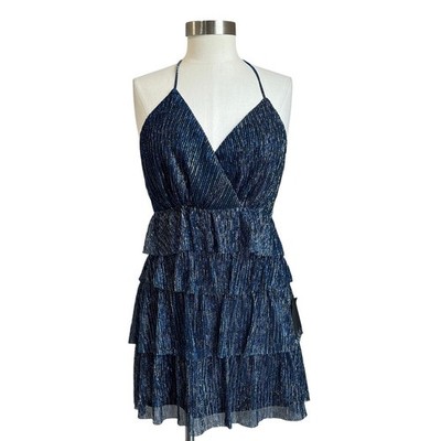 Lulus Glowing Gorgeous Blue Multi Metallic Tiered Mini Dress Size Small