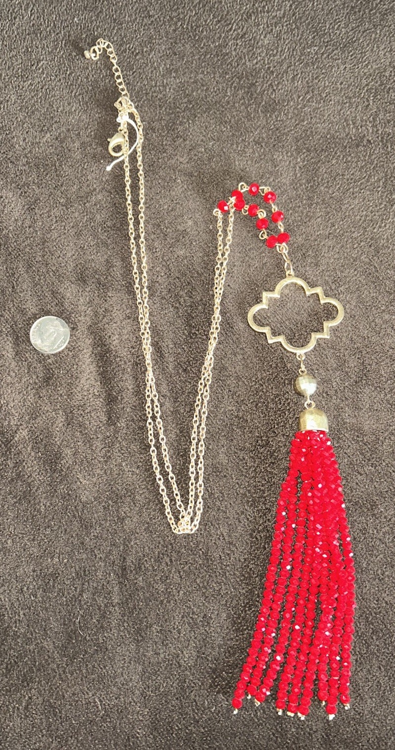 Gold Tone Beaded Necklace Red Tassel Pendant Asymmetrical Shape Lobster Closure