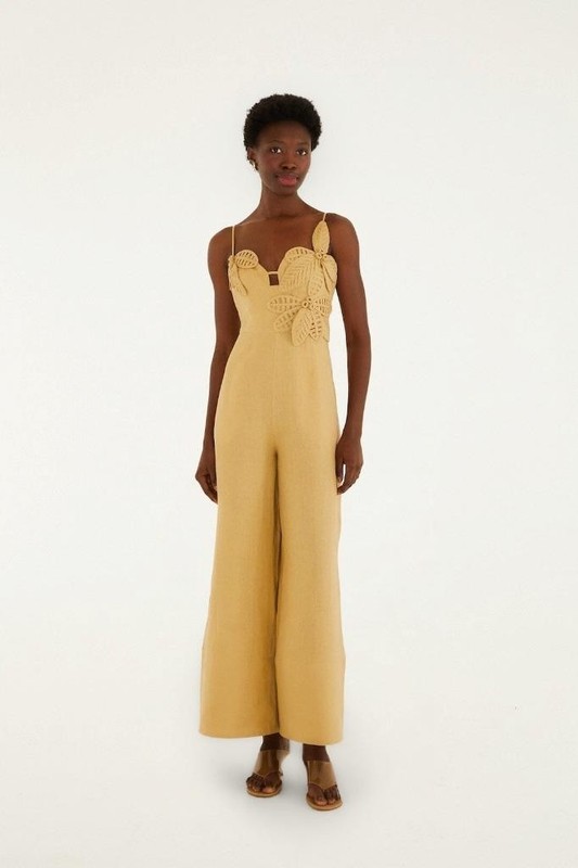 NWT AUTH FARM RIO Sand 3d Flowers Premium Linen Jumpsuit Sz EXTRA SMALL XS