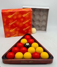 Set of 15 Supapro Billiard Pool 2" Balls with Rile Vintage Wooden Rack Frame