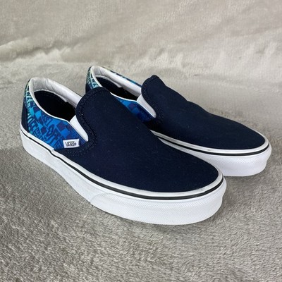 Vans Logo Off Wall Slip On Sneaker Skate Shoes Men 5.5 Women 7 Blue Canvas NEW