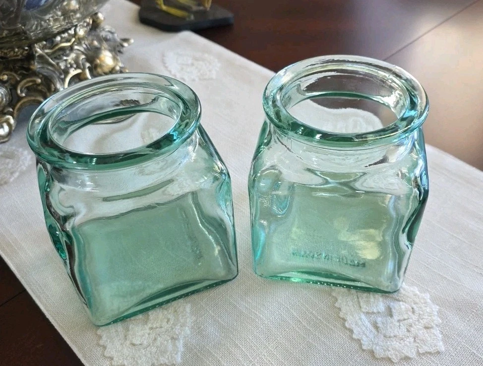 Vintage Green Glass Jars Set Of 2, No Lids. Made In Spain. 5" tall by 4.1/4 wide