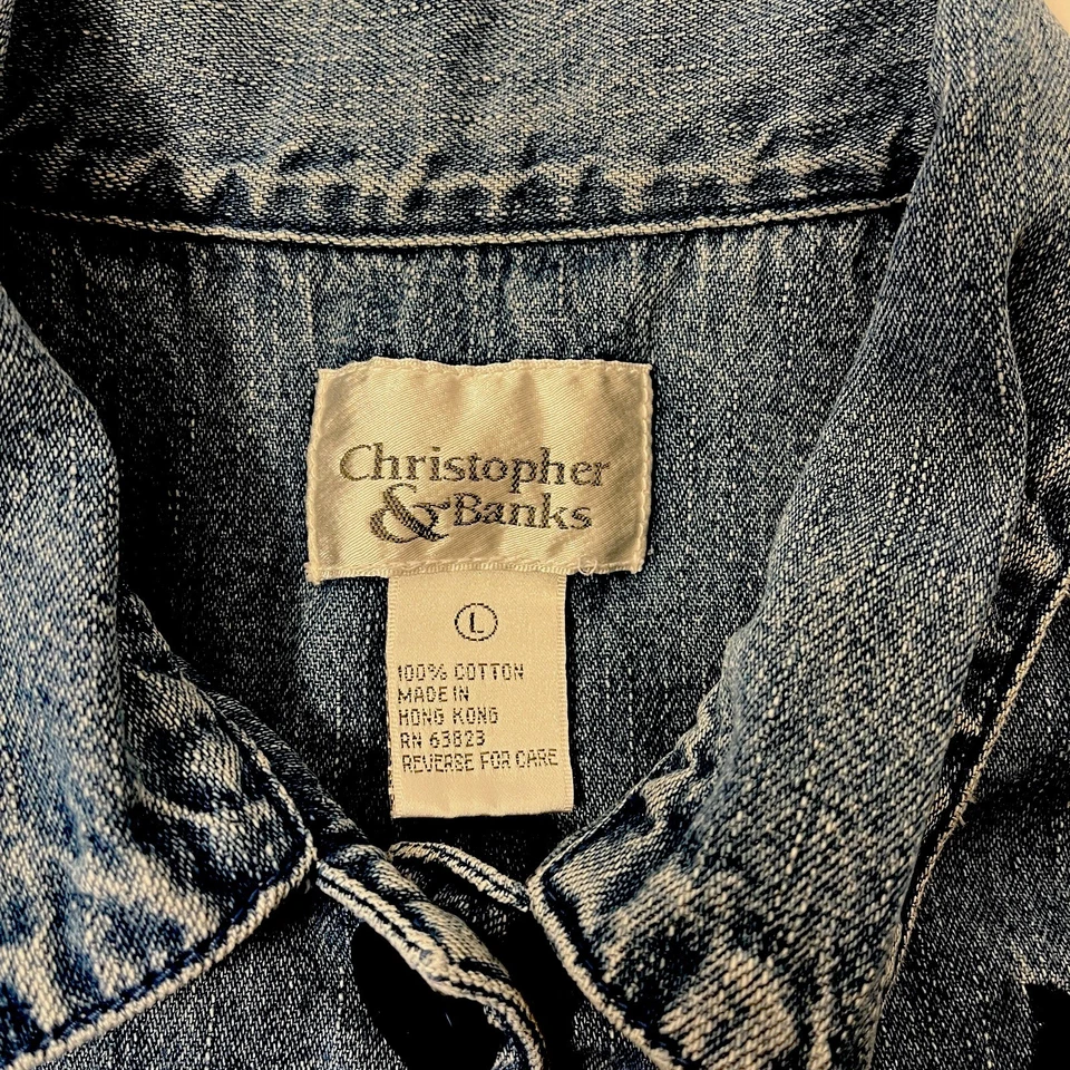 Christopher Banks Women Jacket Blue Denim Embroidered Cats Front/Back Sz Lg - Image 3 of 4