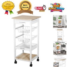 Mobile Rolling Kitchen Island Trolley with Metal Baskets - Stylish White Storage