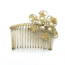 Gold Tone Floral Hair Comb Faux Pearl Rhinestone Wedding Bridal Accessory