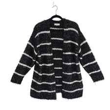 Calvin Klein Cardigan Womens Black & White Fuzzy Striped Open-Front  Sweater