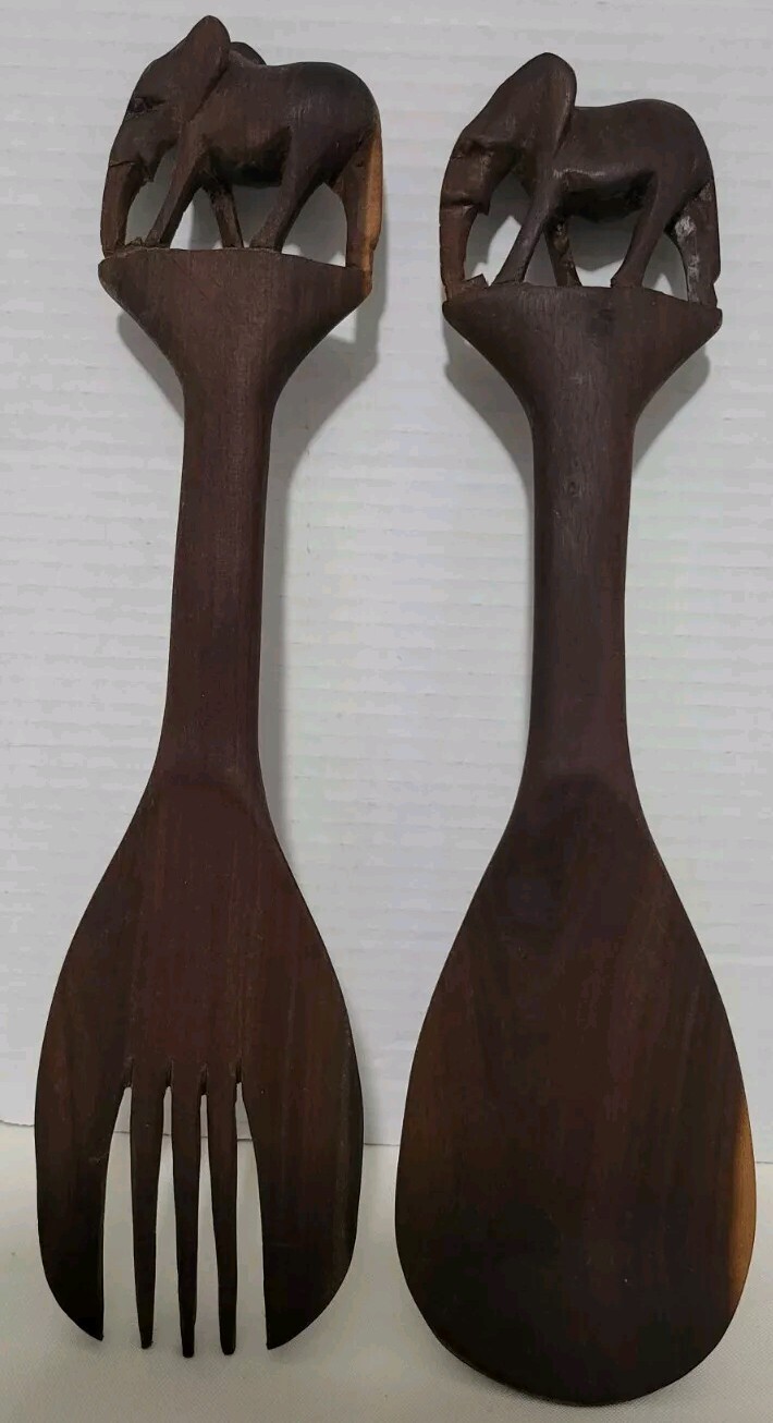 Hand-Carved Wooden Elephant Salad Serving Spoon and Fork 12.75”