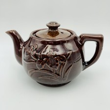 "Tetera Hadson Iris Redware con tapa no coincidente marrón oscuro Betty vintage 3,5"""