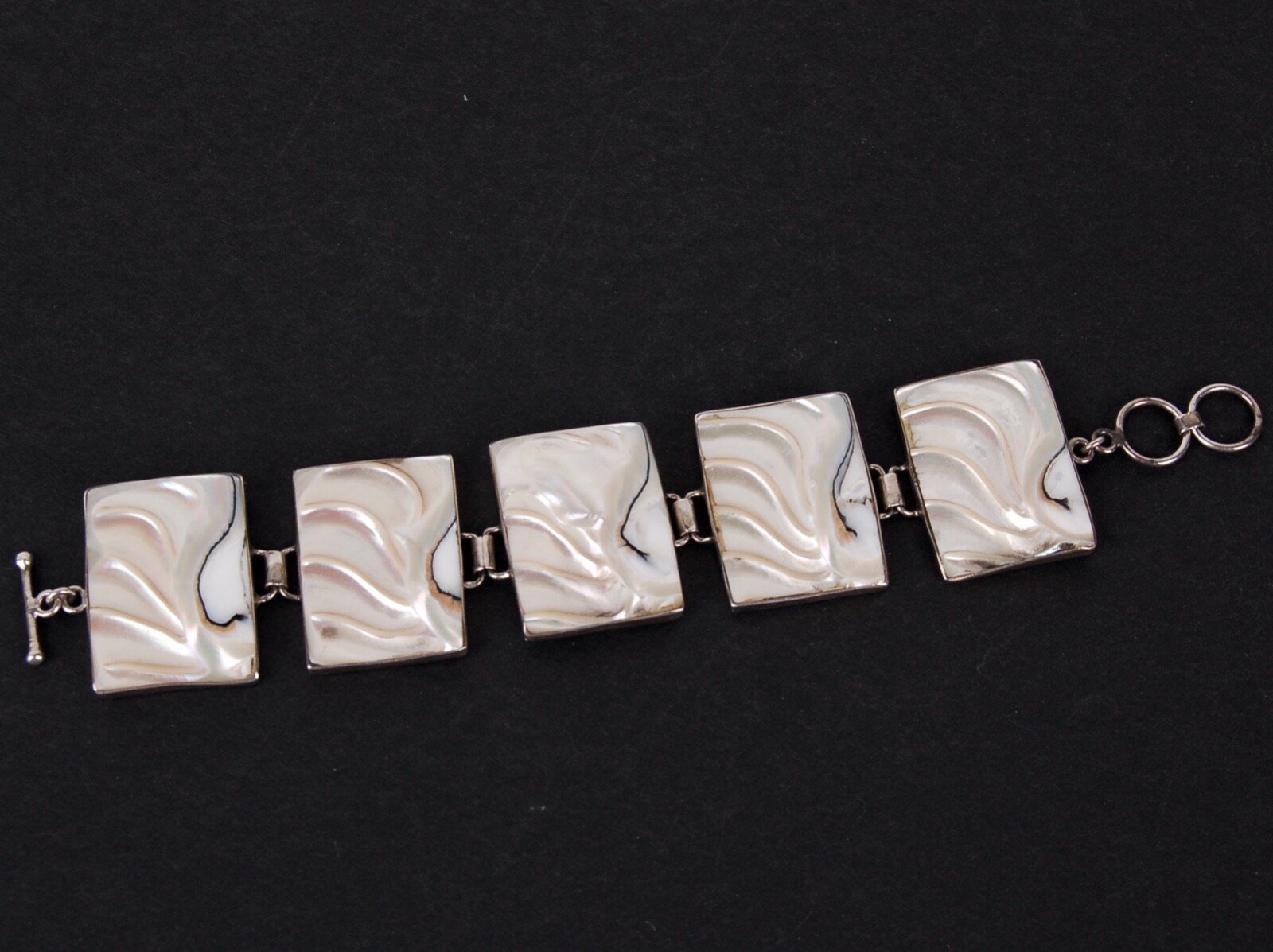 Vintage Abalone Shell Silver Link Toggle Bracelet… - image 1
