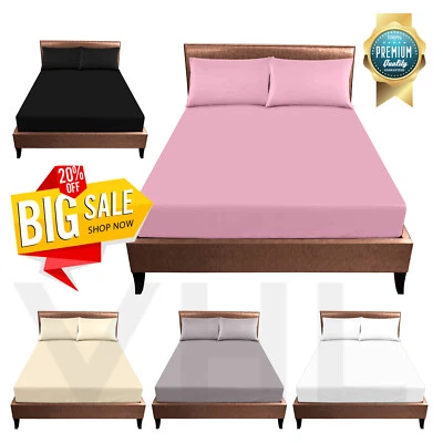 Fitted Sheet & Flat Sheet Full Bed Sheet Set Pillowcase 100% Polycotton ALL SIZE
