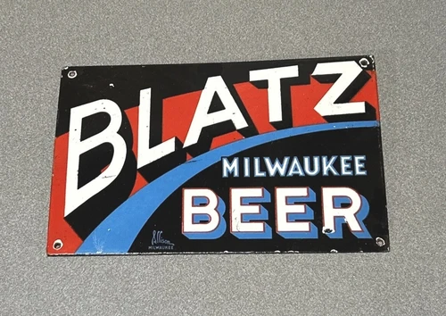 VINTAGE 12” BLATZ BEER ALCOHOL PORCELAIN SIGN CAR GAS OIL TRUCK